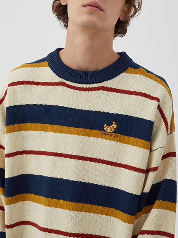 EMMIOL Croissant Embroidery Striped Couple Sweater