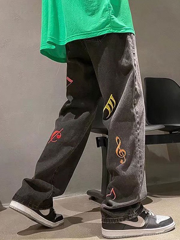 EMMIOL Vaqueros de skate con bordado de notas musicales para hombre