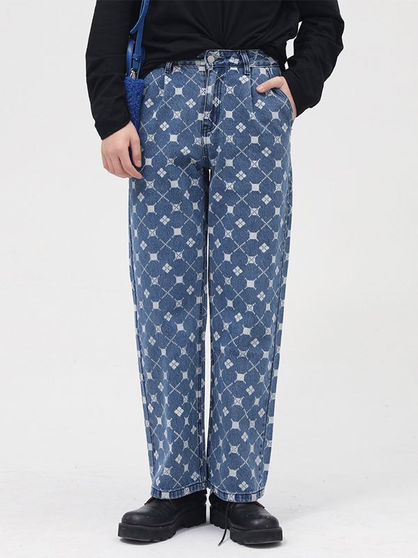 EMMIOL Vaqueros de pierna recta con monograma lavado para hombre