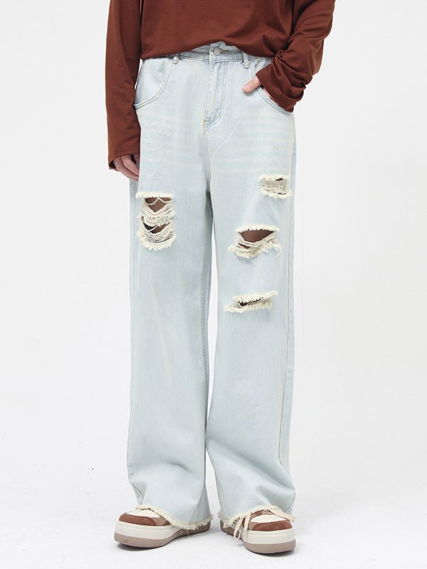 Emmiol Free shipping 2023 Men's Washed Ripped Jeans Sky Blue M in Jeans online store. EMMIOL