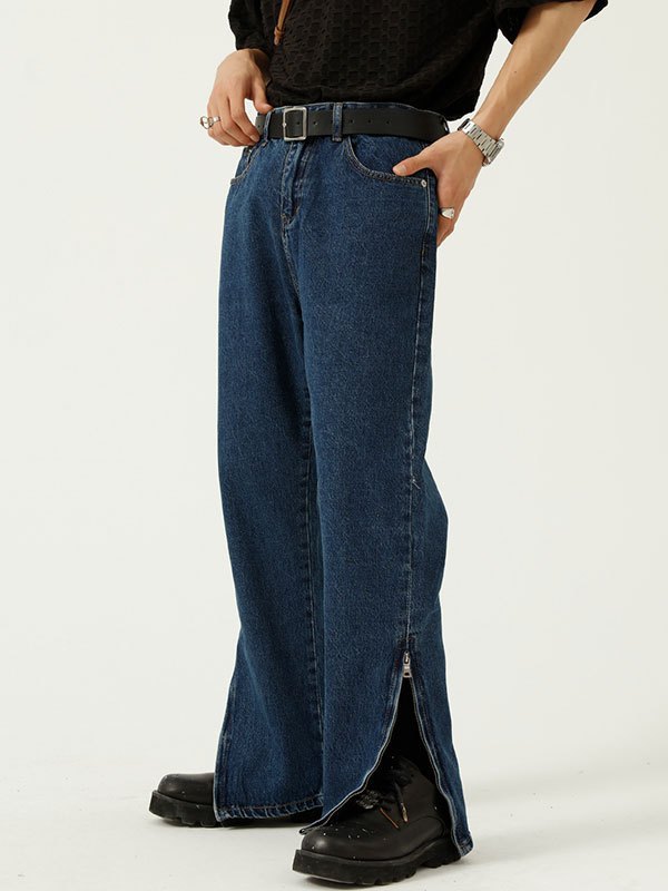 EMMIOL Jeans de pierna recta con cremallera lavada para hombre