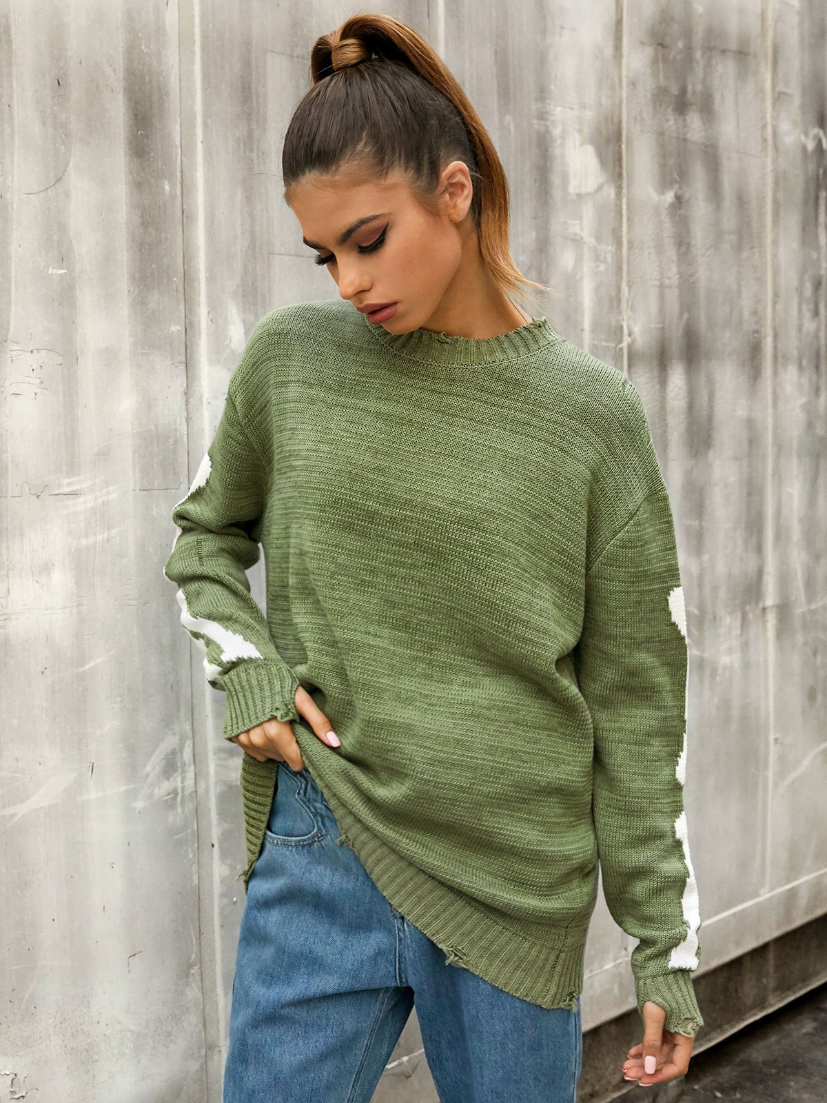 Emmiol Free shipping 2023 Oversized Skeleton Knit Sweater Green L in
