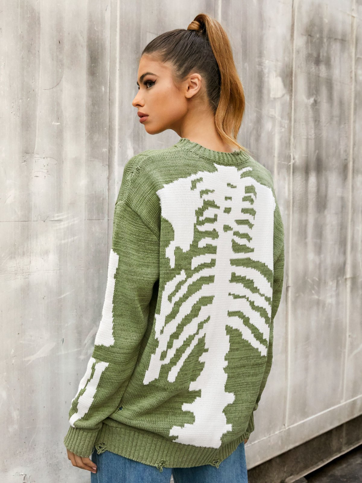 Emmiol Free shipping 2023 Oversized Skeleton Knit Sweater Green L in