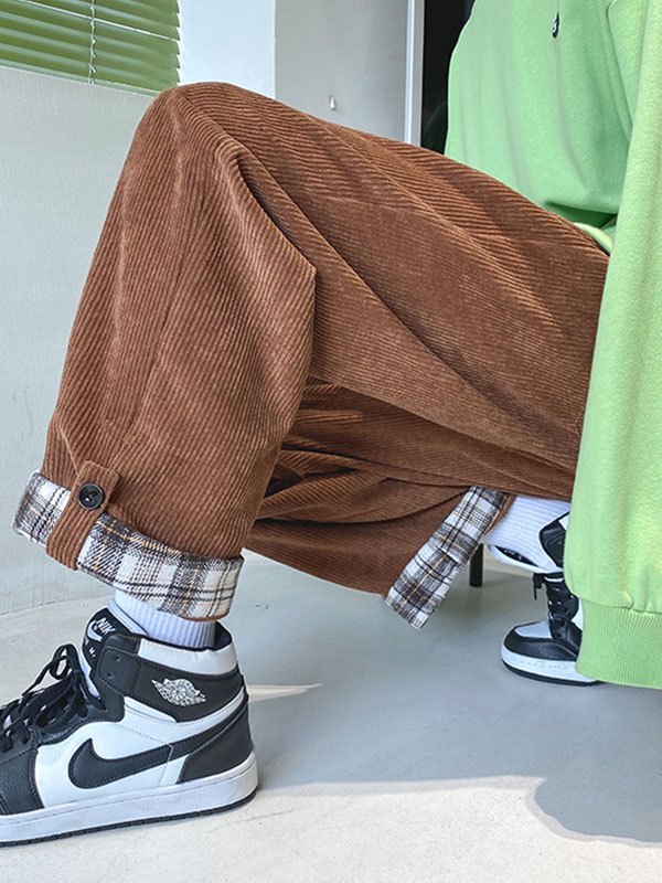 EMMIOL Men's Cuffed Checkered Corduroy Pants
