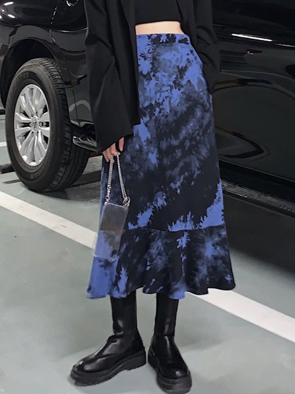 EMMIOL Falda midi con volantes y efecto tie dye