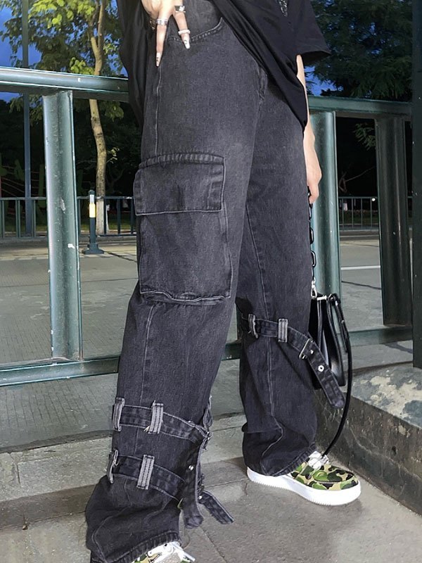 EMMIOL Washed Buckle Strap Boyfriend Jeans