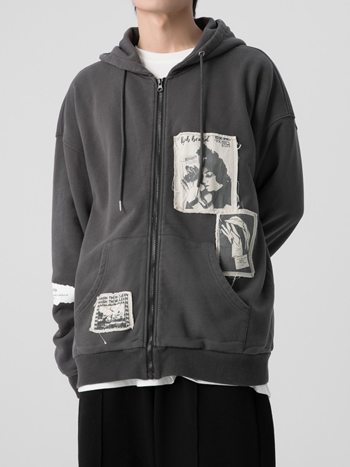 Emmiol Free shipping 2023 Men's Patched Detail Zipper Hoodie Gray L in Sweatshirts online store