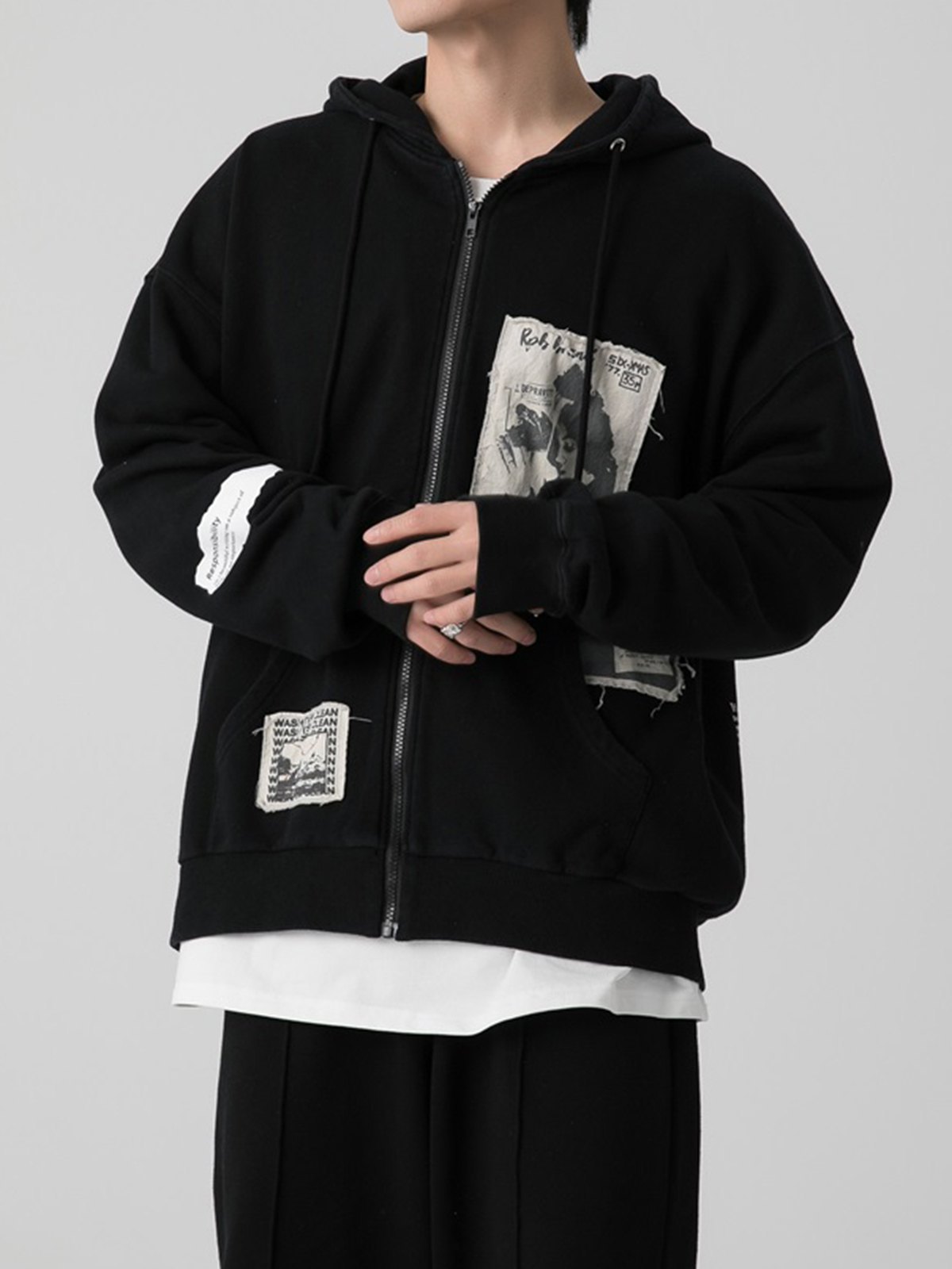 Emmiol Free shipping 2023 Men's Patched Detail Zipper Hoodie Black S in  Sweatshirts online store. | EMMIOL