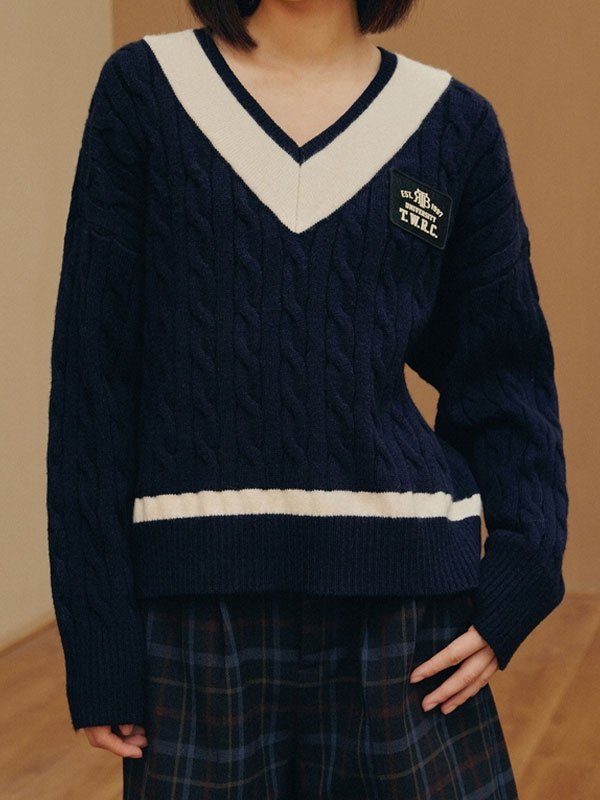 EMMIOL V Neck Preppy Cable Knit Sweater