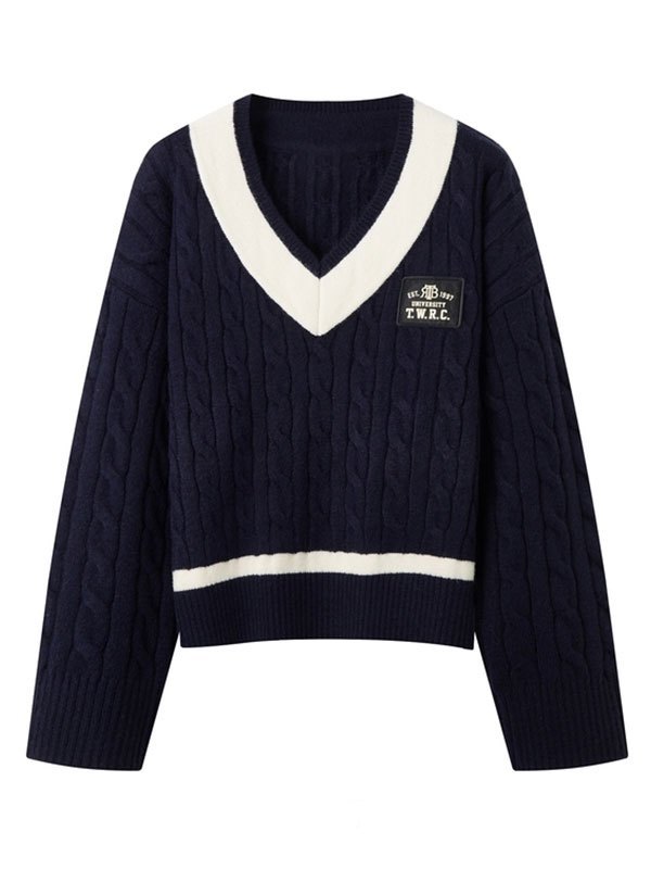 EMMIOL V Neck Preppy Cable Knit Sweater