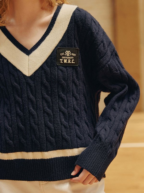 EMMIOL V Neck Preppy Cable Knit Sweater
