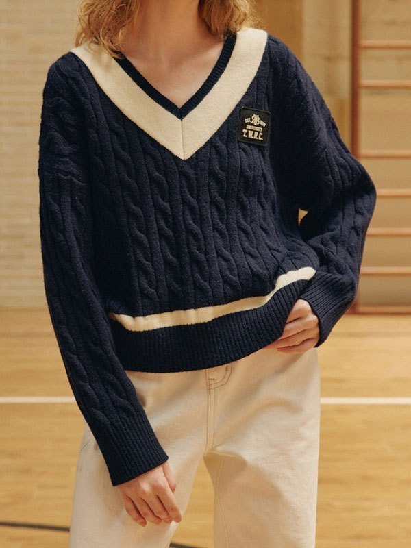 EMMIOL V Neck Preppy Cable Knit Sweater