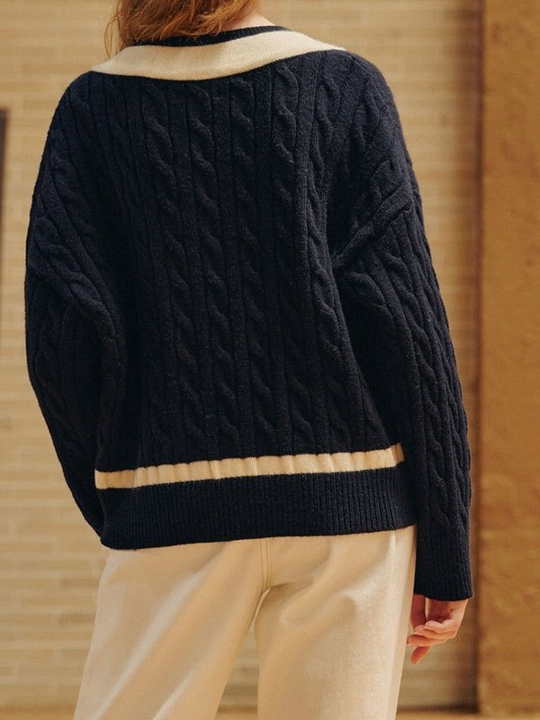 EMMIOL V Neck Preppy Cable Knit Sweater