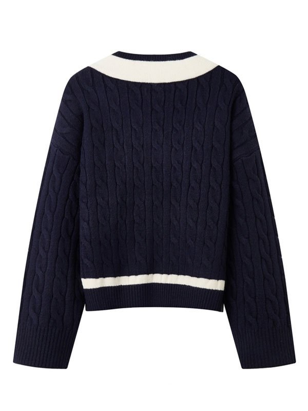 EMMIOL V Neck Preppy Cable Knit Sweater