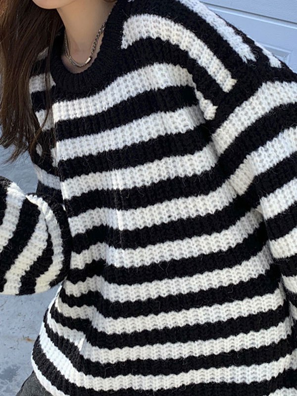 EMMIOL Jersey de punto de crochet a rayas con cuello redondo