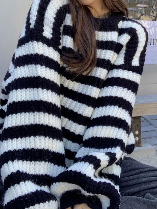 EMMIOL Jersey de punto de crochet a rayas con cuello redondo