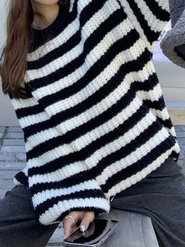 EMMIOL Jersey de punto de crochet a rayas con cuello redondo