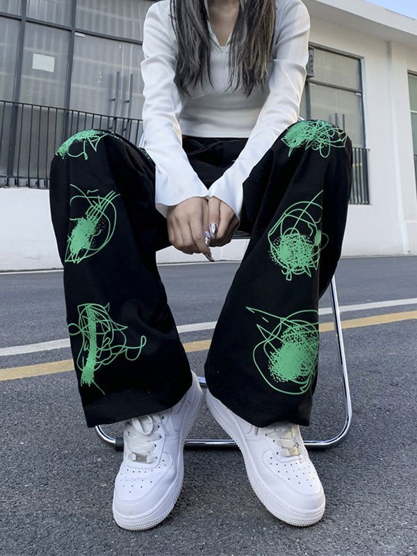 EMMIOL Draft Line Printed Baggy Pants