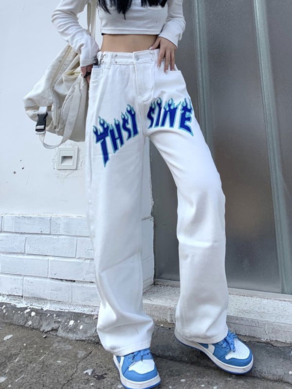 EMMIOL Flame Letter Pattern Boyfriend Jeans