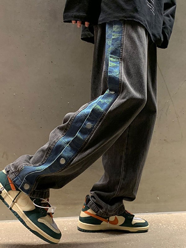 EMMIOL Jeans de skate con botones y patchwork para hombre