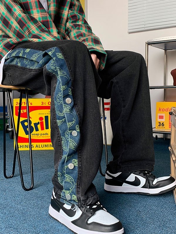 EMMIOL Jeans de skate con botones y patchwork para hombre