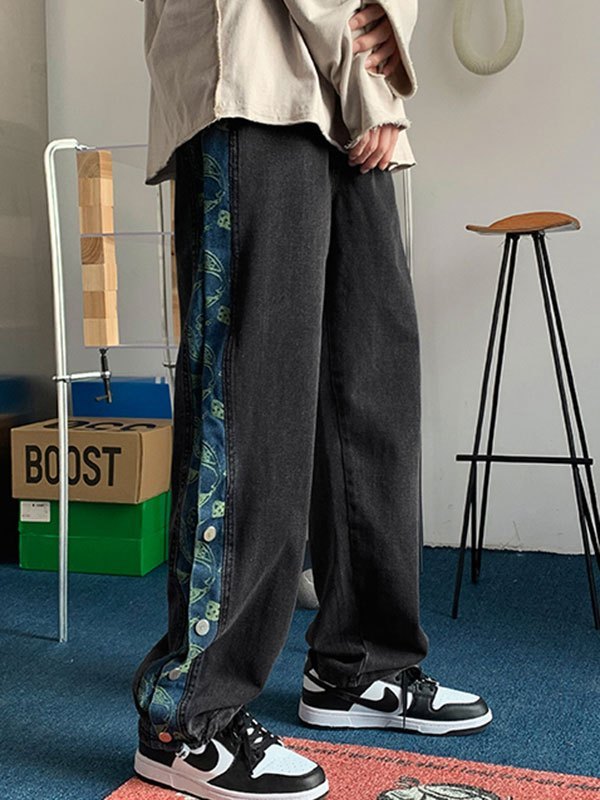 EMMIOL Jeans de skate con botones y patchwork para hombre