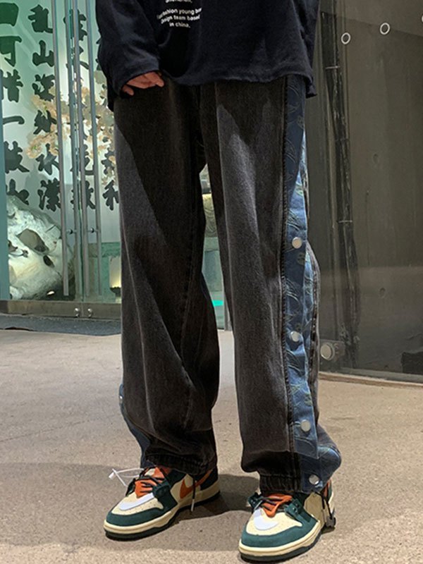 EMMIOL Jeans de skate con botones y patchwork para hombre