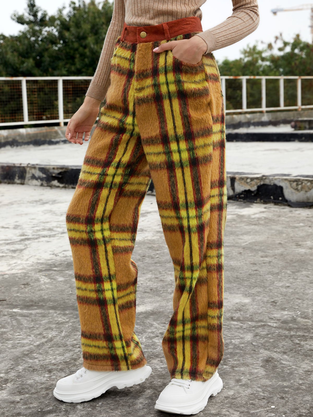 EMMIOL Vintage karierte Hose mit geradem Bein