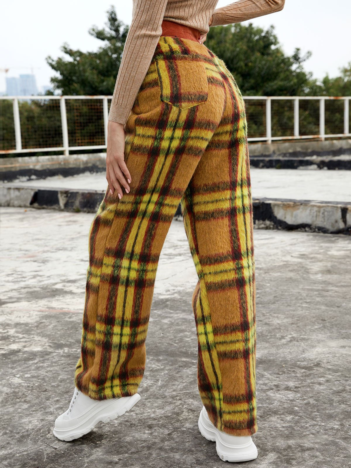 EMMIOL Vintage karierte Hose mit geradem Bein