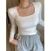 EMMIOL Camiseta de canalé de manga larga con lazo con cordón