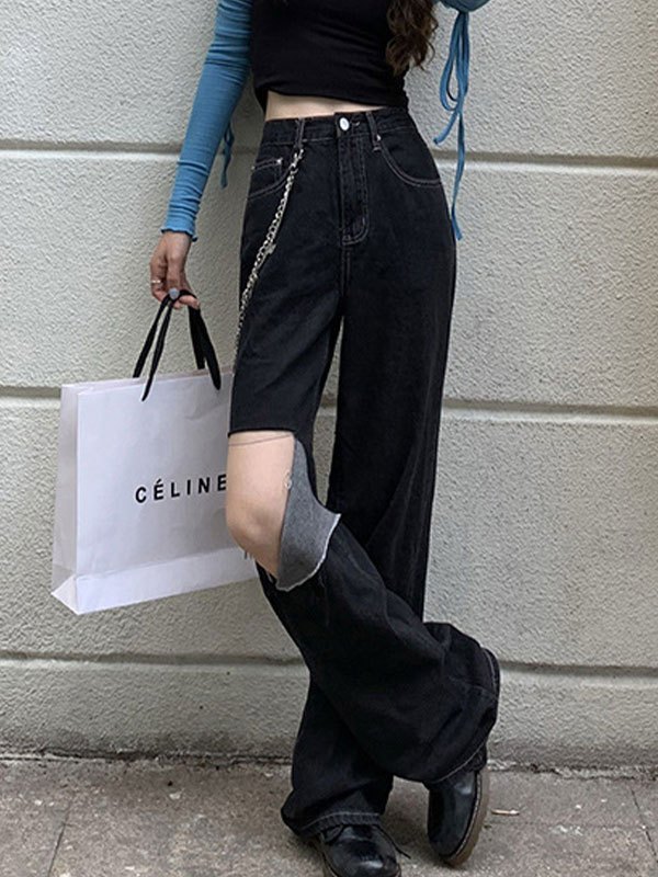 EMMIOL Chain Embellished Ripped Jeans