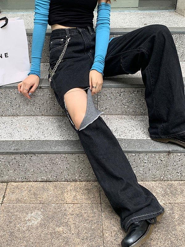 EMMIOL Chain Embellished Ripped Jeans