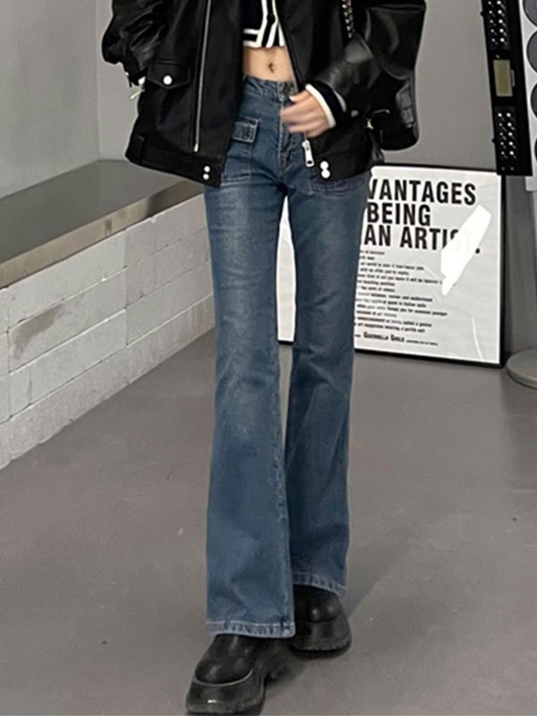 2022 Pocket Low Waist Flare Jeans Blue 