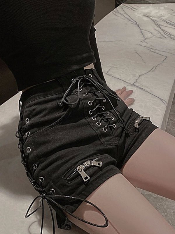 EMMIOL Eyelet Lace Up Denim Shorts