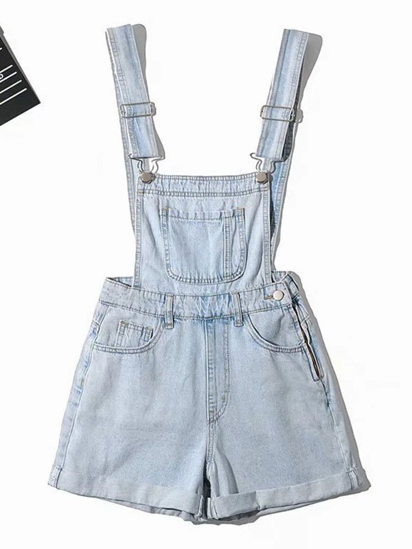 EMMIOL Cuffed High Waist Denim Overall Shorts