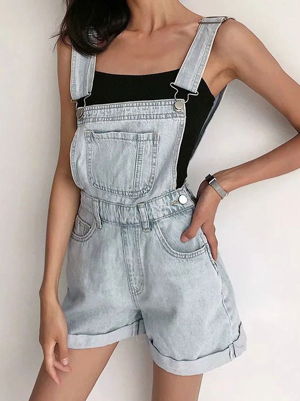 EMMIOL Cuffed High Waist Denim Overall Shorts