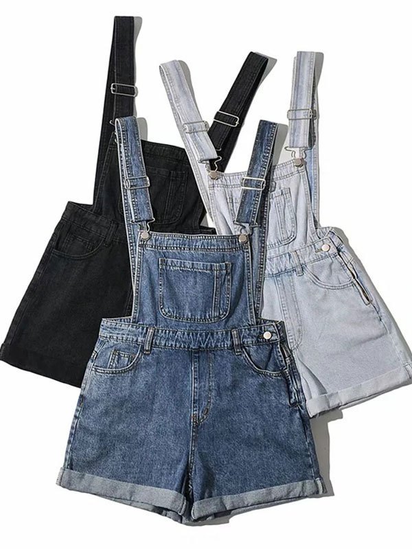 EMMIOL Cuffed High Waist Denim Overall Shorts