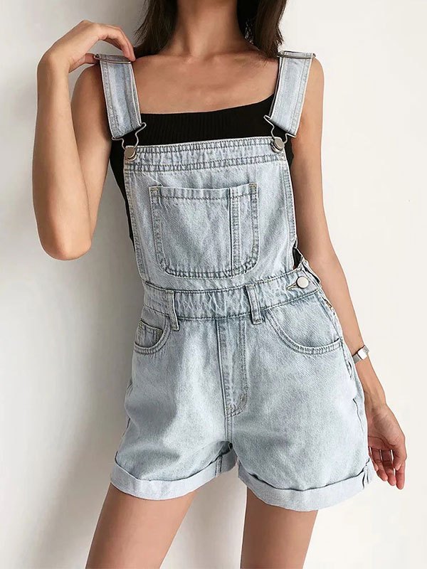 EMMIOL Cuffed High Waist Denim Overall Shorts