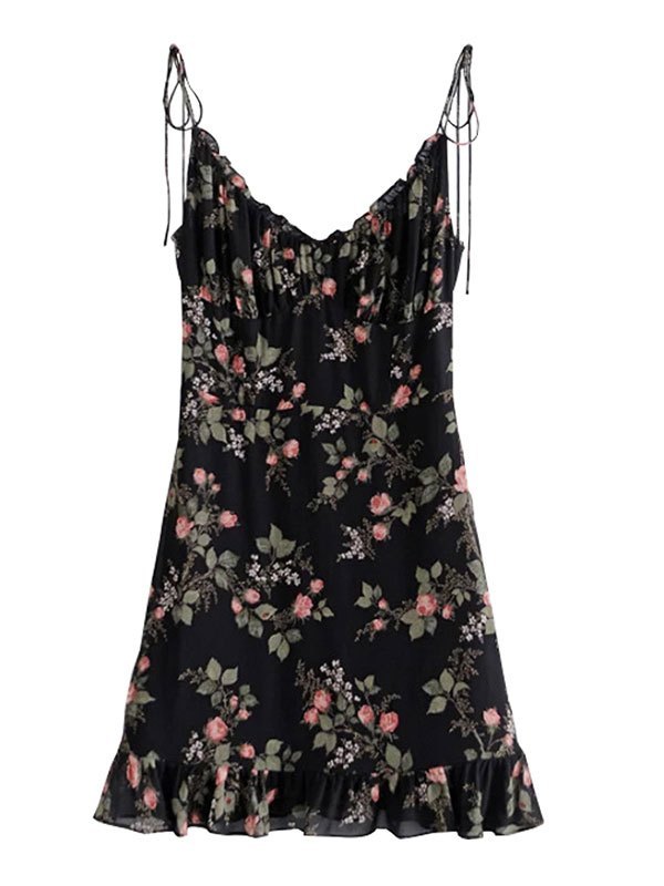 Emmiol Free shipping 2026 Floral Ruffle Tie Strap Mini Dress Black S in  Mini Dresses online store. | EMMIOL