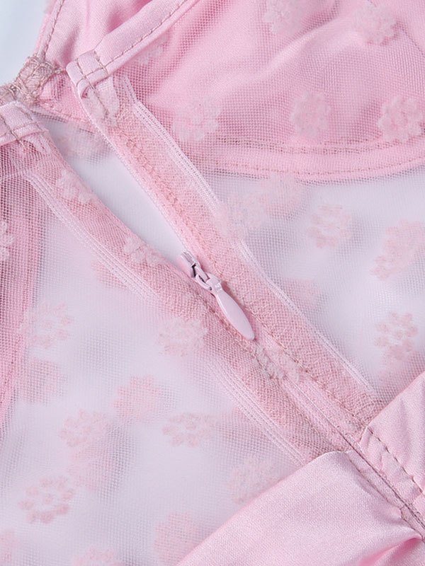 EMMIOL Pink Floral Mesh Paneled Ruched Mini Dress
