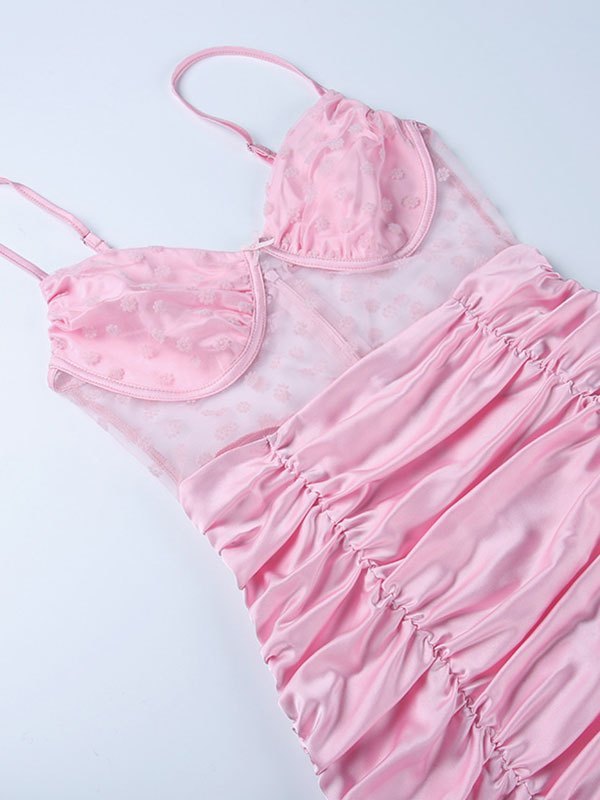 EMMIOL Pink Floral Mesh Paneled Ruched Mini Dress