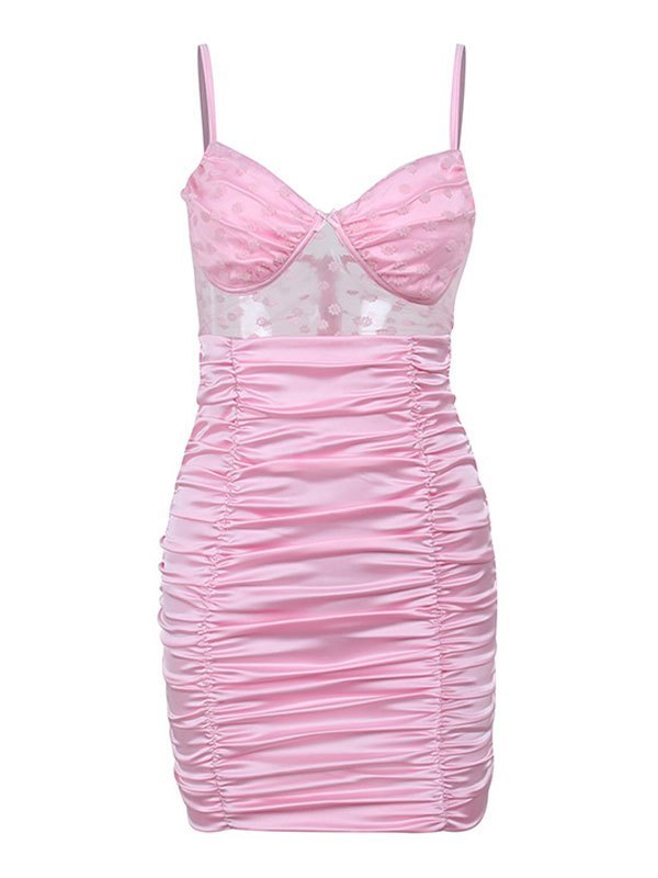 EMMIOL Pink Floral Mesh Paneled Ruched Mini Dress