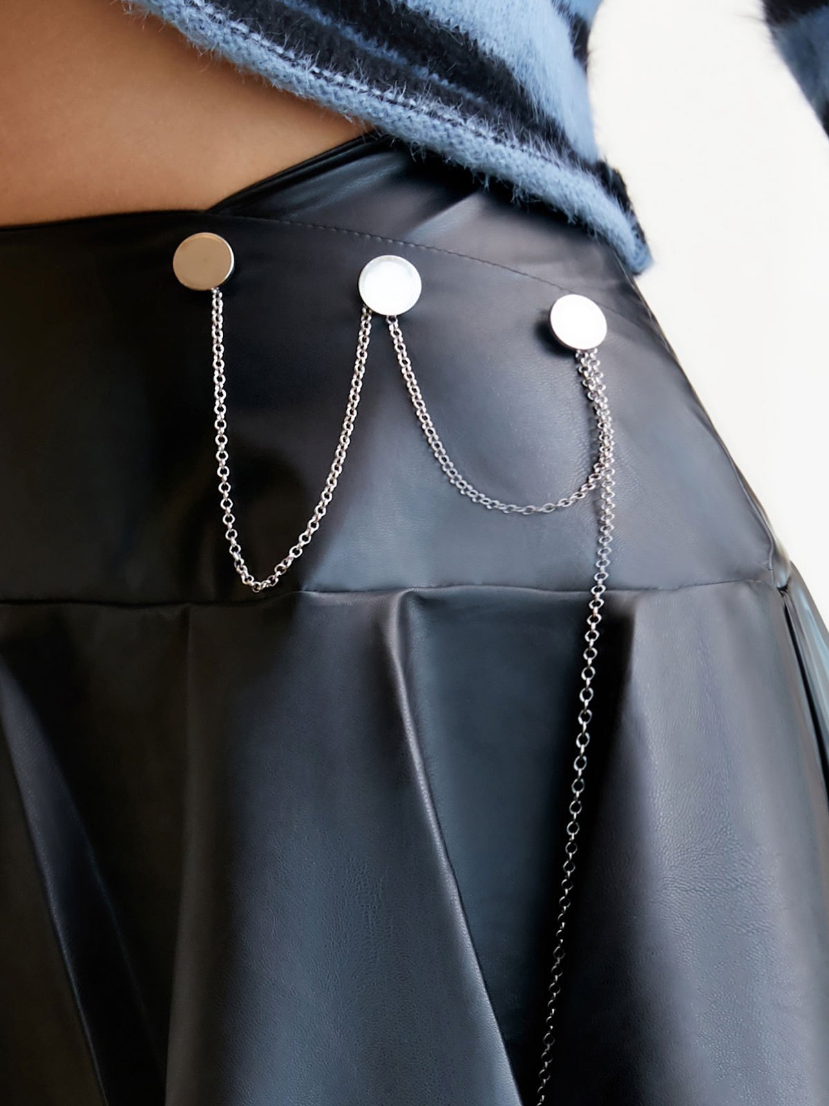 Metal chain rivet applique PU leather mini skirt set