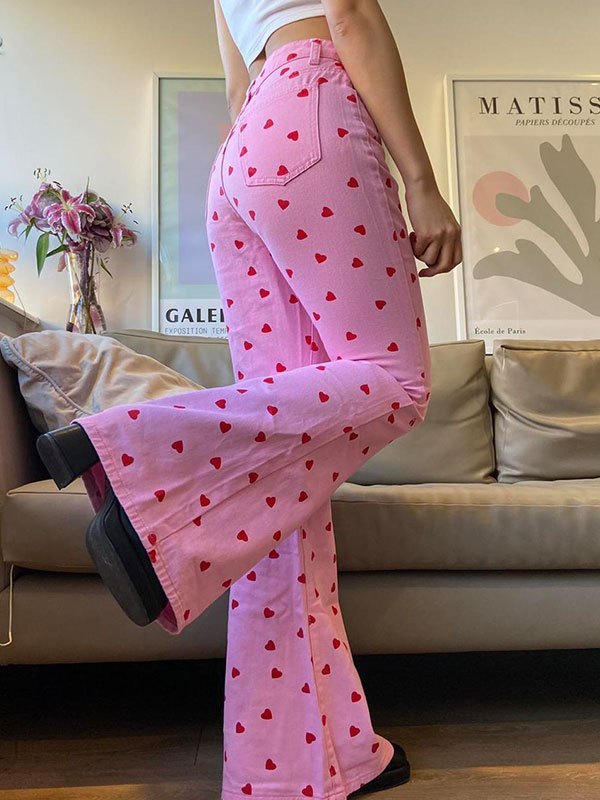 Emmiol Free shipping 2023 Pink Heart Pattern Flare Jeans Pink M in