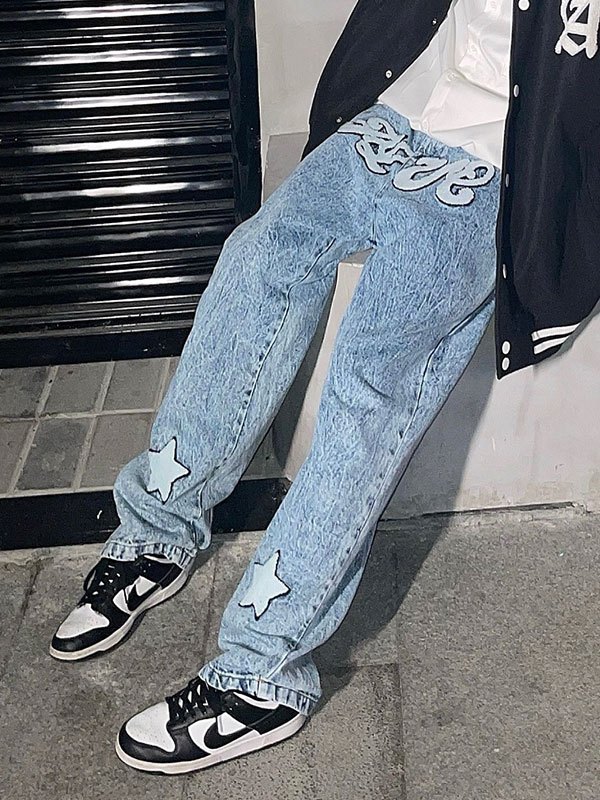 2022 Men's Toweling Embroidery Straight Leg Jeans Blue M In Jeans