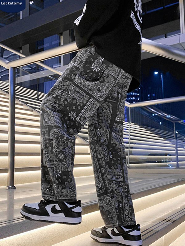 EMMIOL Men's Washed Paisley Print Slim Jeans