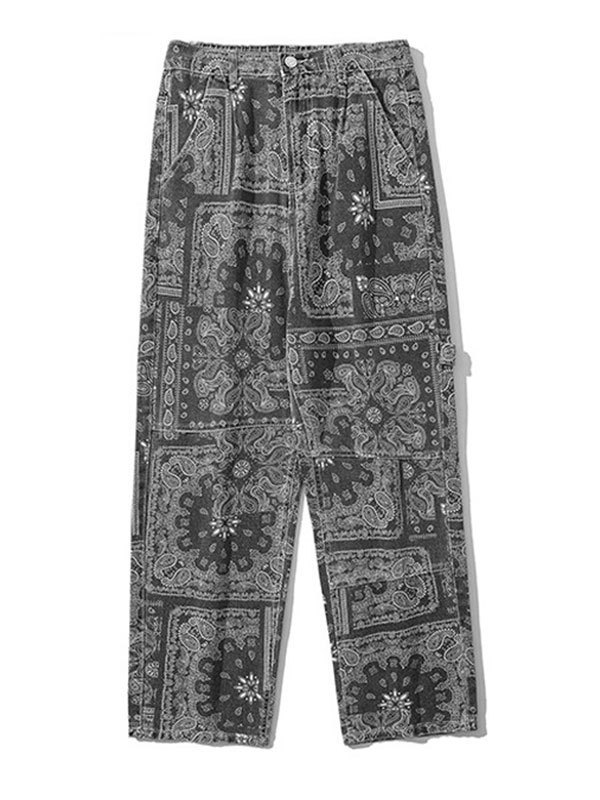 EMMIOL Men's Washed Paisley Print Slim Jeans