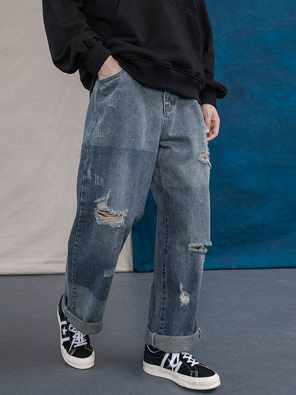 Emmiol Free shipping 2023 Men's Washed Ripped Jeans Blue M in Jeans