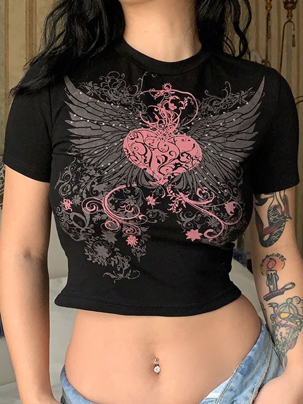 EMMIOL Rhinestone Heart Wing Graphic Crop Top