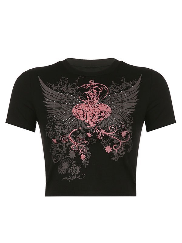 EMMIOL Rhinestone Heart Wing Graphic Crop Top
